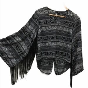 SEE you Monday tribal elephant print bell sleeves fringe top